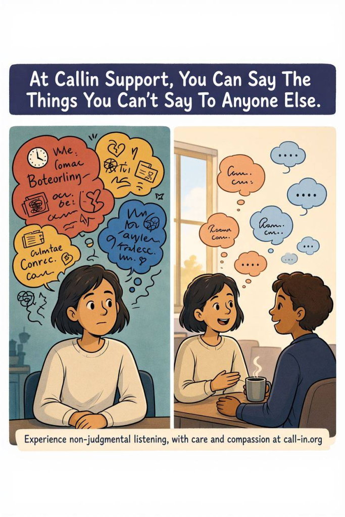 Comic illustration showing someone sharing difficult thoughts with a compassionate listener in a confidential conversation.
