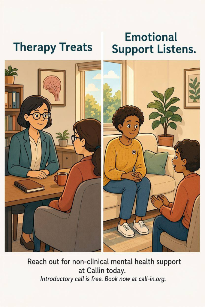 Split comic illustration comparing therapy for clinical treatment with non-clinical emotional support focused on listening.
