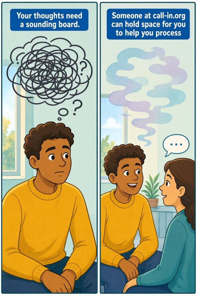 Comic illustration showing overwhelming thoughts becoming lighter after talking with a compassionate listener.