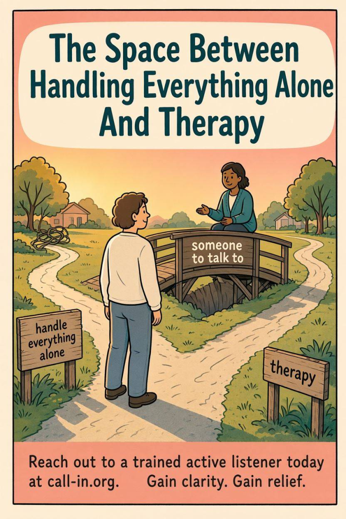 A comic illustration showing emotional support as a bridge between dealing with problems alone and seeking therapy.