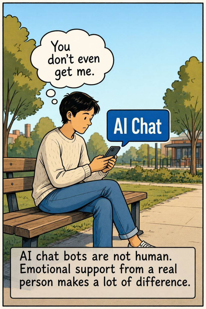 Chatbots from AI can't connect with your real human feelings. Reach out to Callin Support to get connected with a real person who can understand you.