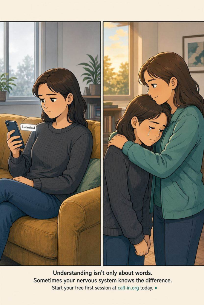 get human connection at Callin instead of talking with AI
Comic style illustration.
Split scene.
On the left, a person reads a caring message on their phone that says, "I understand," but still looks emotionally distant.
On the right, the same person receives a warm hug from a close friend and begins to cry with relief. Modern, simple comic style with realistic expressions.
Text on the Pin
Understanding isn't only about words.
Sometimes your nervous system knows the difference.