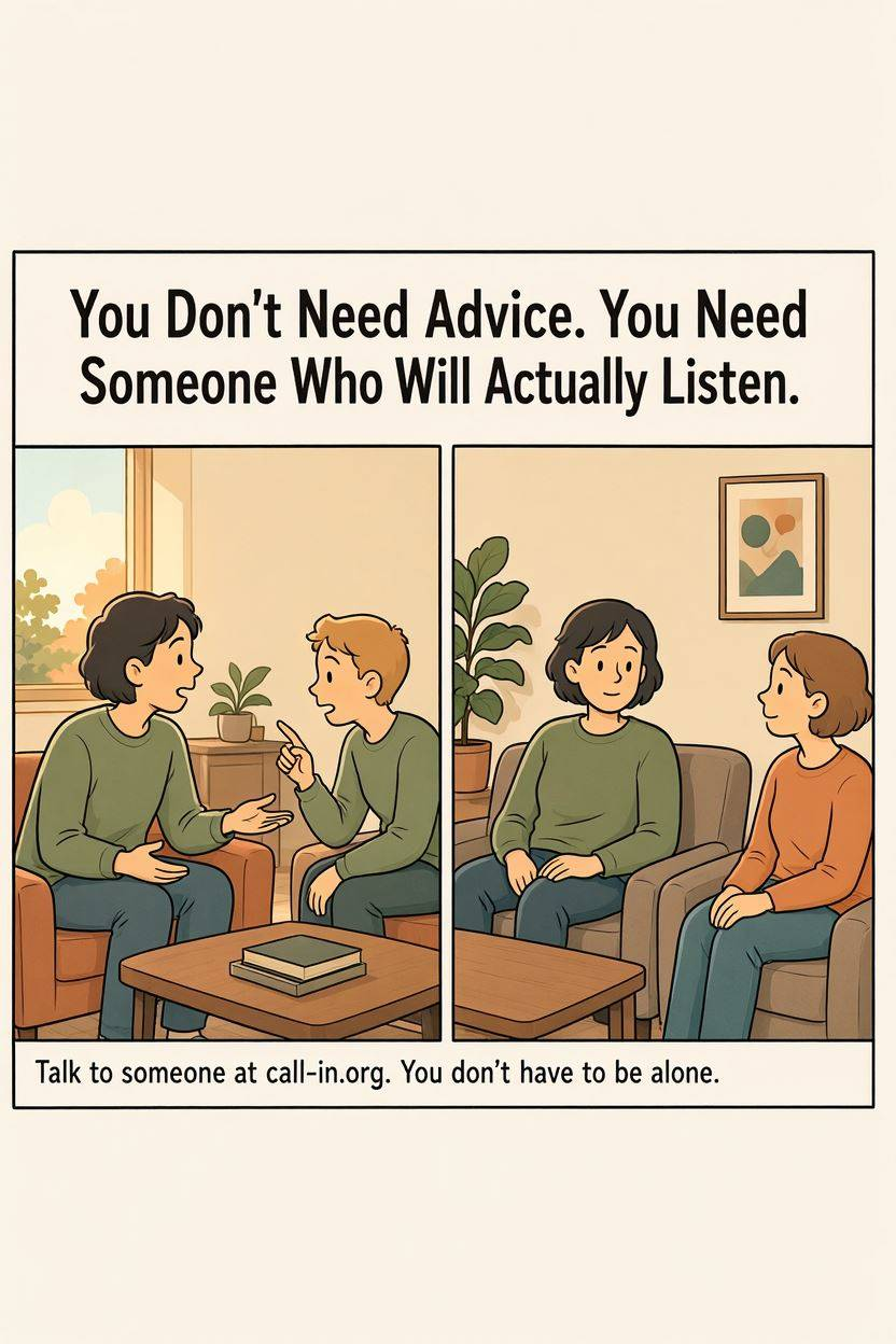Comic illustration showing the difference between receiving unwanted advice and being genuinely listened to by a supportive peer listener.