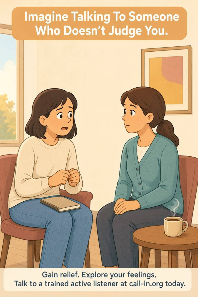 Comic illustration of someone opening up to a kind listener who listens without judgment or giving advice.
