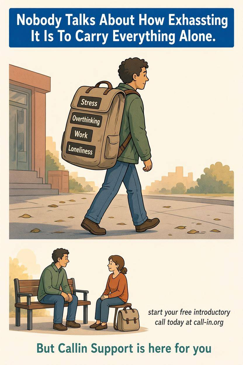 Simple comic illustration. A person walks while carrying a huge backpack labelled "Stress," "Overthinking," "Work," and "Loneliness." In the next panel, they sit with a compassionate peer listener, and the backpack becomes much smaller. Simple, emotional comic style.