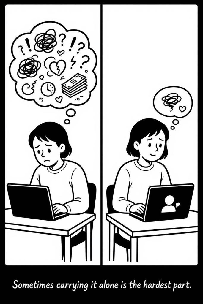 Comic Illustration Prompt:

Minimal comic illustration. White and Black. A person typing on a laptop. WE DO NOT SEE THE SCREEN OF THE LAPTOP. They look very worried. We see a thought bubble full of worries above the head. The next scene shows the same person feeling lighter after talking to someone online. Simple before and after layout.

Text:

"Sometimes carrying it alone is the hardest part."