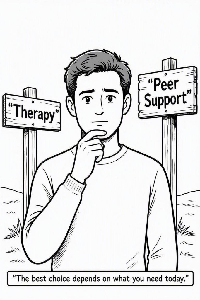 Betterhelp or 7 Cups or Callin. Comic Illustration Prompt:
Simple black and white comic illustration. One person stands between two signposts labeled "Therapy" and "Peer Support." They look thoughtful rather than confused. Clean line art with minimal background.
Text On Comic:
"The best choice depends on what you need today."