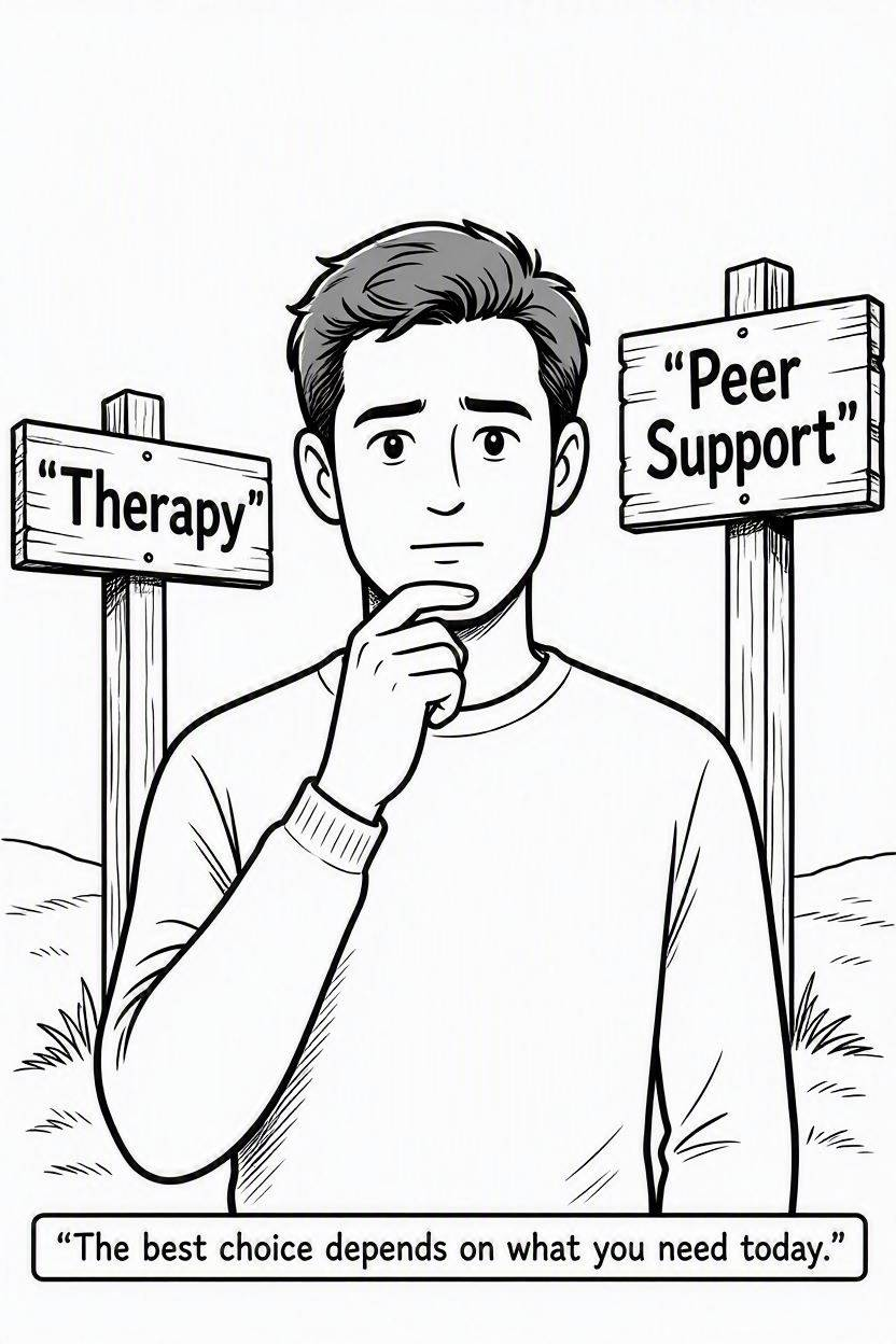 Comic Illustration Prompt: Simple black and white comic illustration. One person stands between two signposts labeled "Therapy" and "Peer Support." They look thoughtful rather than confused. Clean line art with minimal background. Text: "The best choice depends on what you need today."