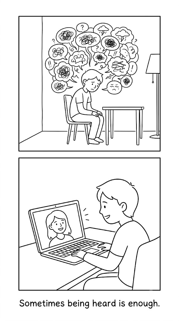 Betterhelp vs 7 Cups or Callin. Comic Illustration Prompt:
Simple comic of a person sitting alone with many thoughts. In the next panel, they're talking comfortably with a kind listener over a video call. Minimal black and white line art.
Text On Comic:
"Sometimes being heard is enough."