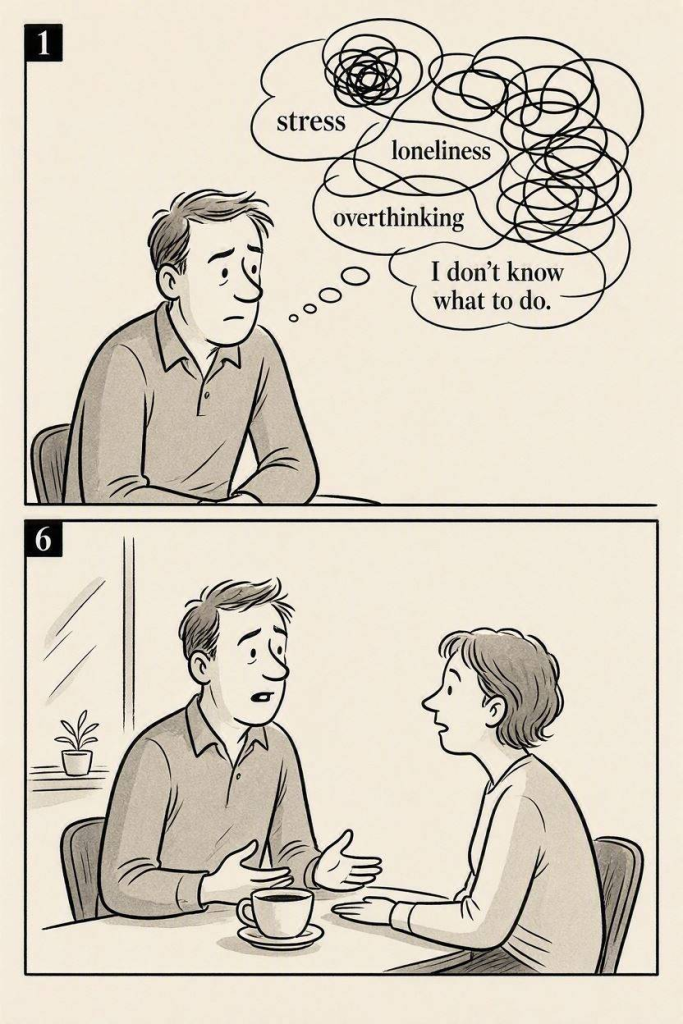 alternatives to therapy Charlie-style editorial comic aesthetic. Show a person with a tangled thought bubble labelled stress, loneliness, overthinking and “I don’t know what to do.” A second panel shows them talking to peer listener and putting the feelings into words. Use expressive hand-drawn characters, clean ink lines, simple backgrounds and gentle humour. Keep it elegant, with black-and-white panels and Vogue-inspired typography. Keep it human too.