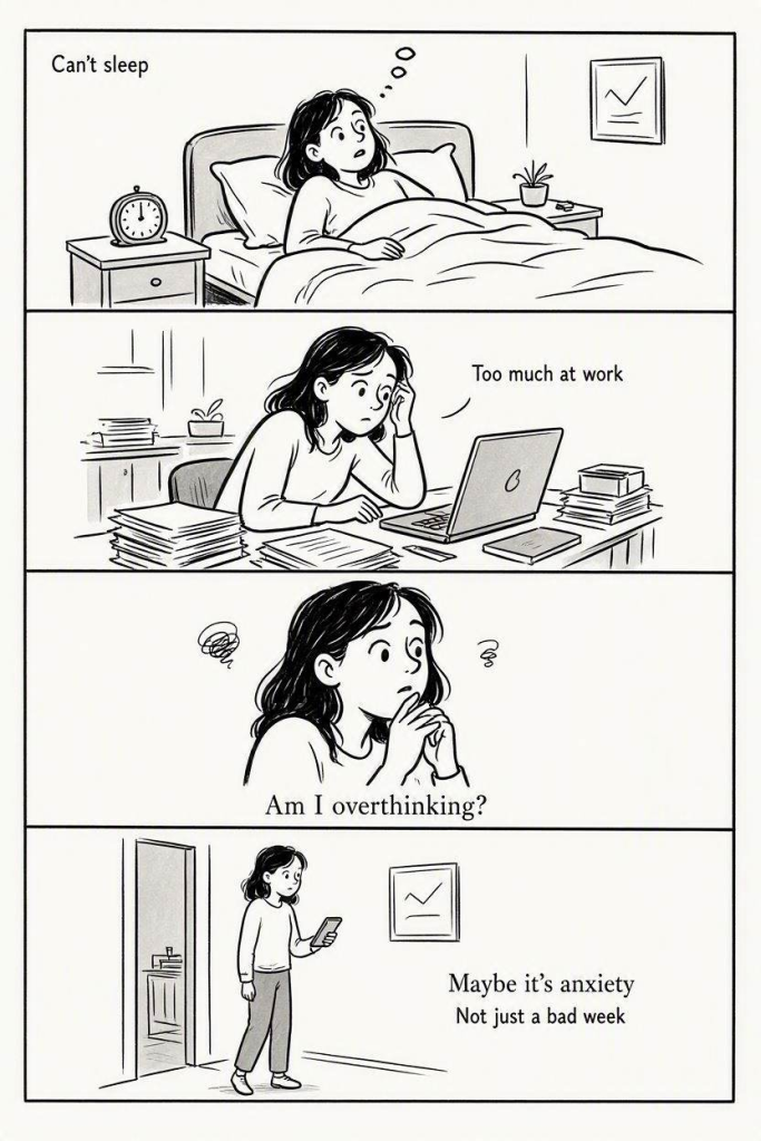 anxiety support when you need to talk to someone. Create a 9:16 Charlie-style comic with 6 simple panels. A woman wonders whether she needs therapy or is having a terrible week. Show poor sleep, work stress, overthinking and cancelling plans, then her noticing how much it affects daily life. Use expressive hand-drawn characters, clean black ink, white backgrounds, gentle humour and warm expressions. Keep it elegant, editorial and uncluttered with Vogue-inspired typography. Make the character relatable, witty and human. Avoid medical imagery.