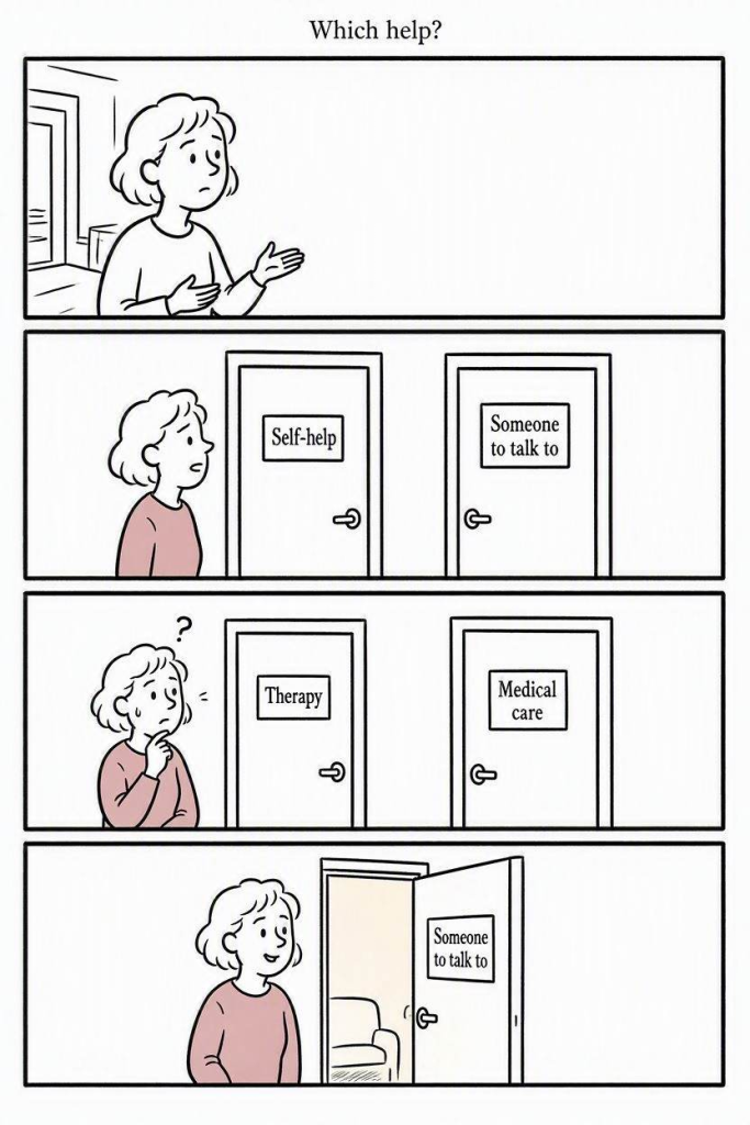 anxiety support. Create a 9:16 Charlie-style comic with 4 simple panels. A woman wants help with anxiety but wonders whether she needs a doctor. Show her discovering different doors: self-help, talking to someone, therapy and medical care. End with her choosing support that fits today. Use expressive hand-drawn characters, clean black ink, white backgrounds and gentle humour. Keep it warm, elegant and editorial with Vogue-inspired typography. Make the comic human and uncluttered.