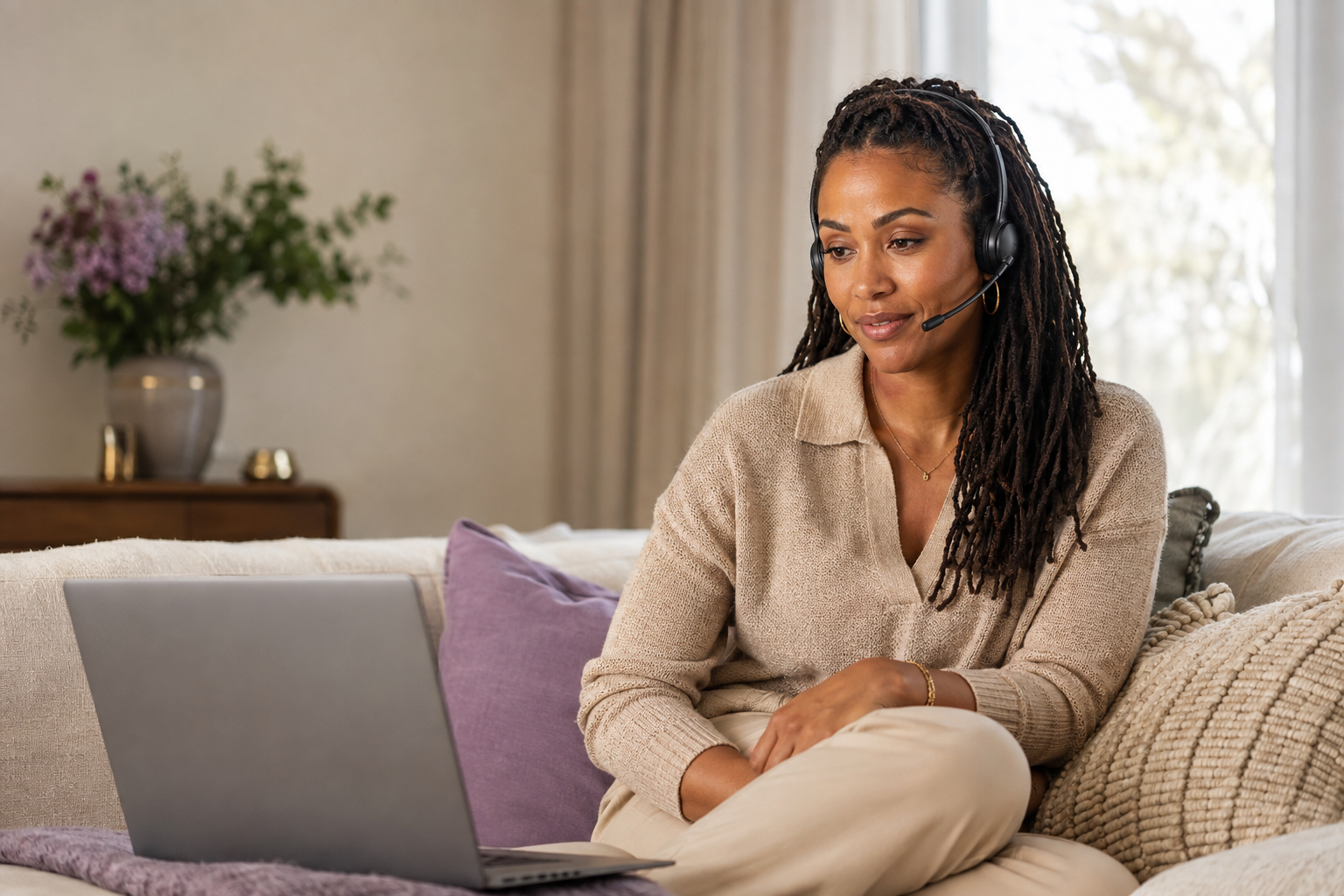 A biracial woman with locs providing warm, confidential online emotional support