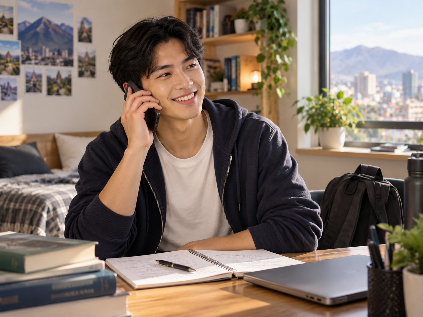 A university student smiling while speaking on the phone during an online student coaching conversation