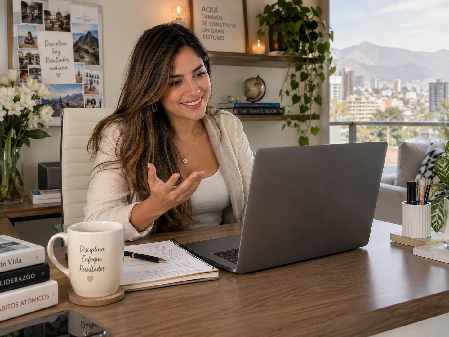 A professional woman smiling during an online career coaching conversation from her home office