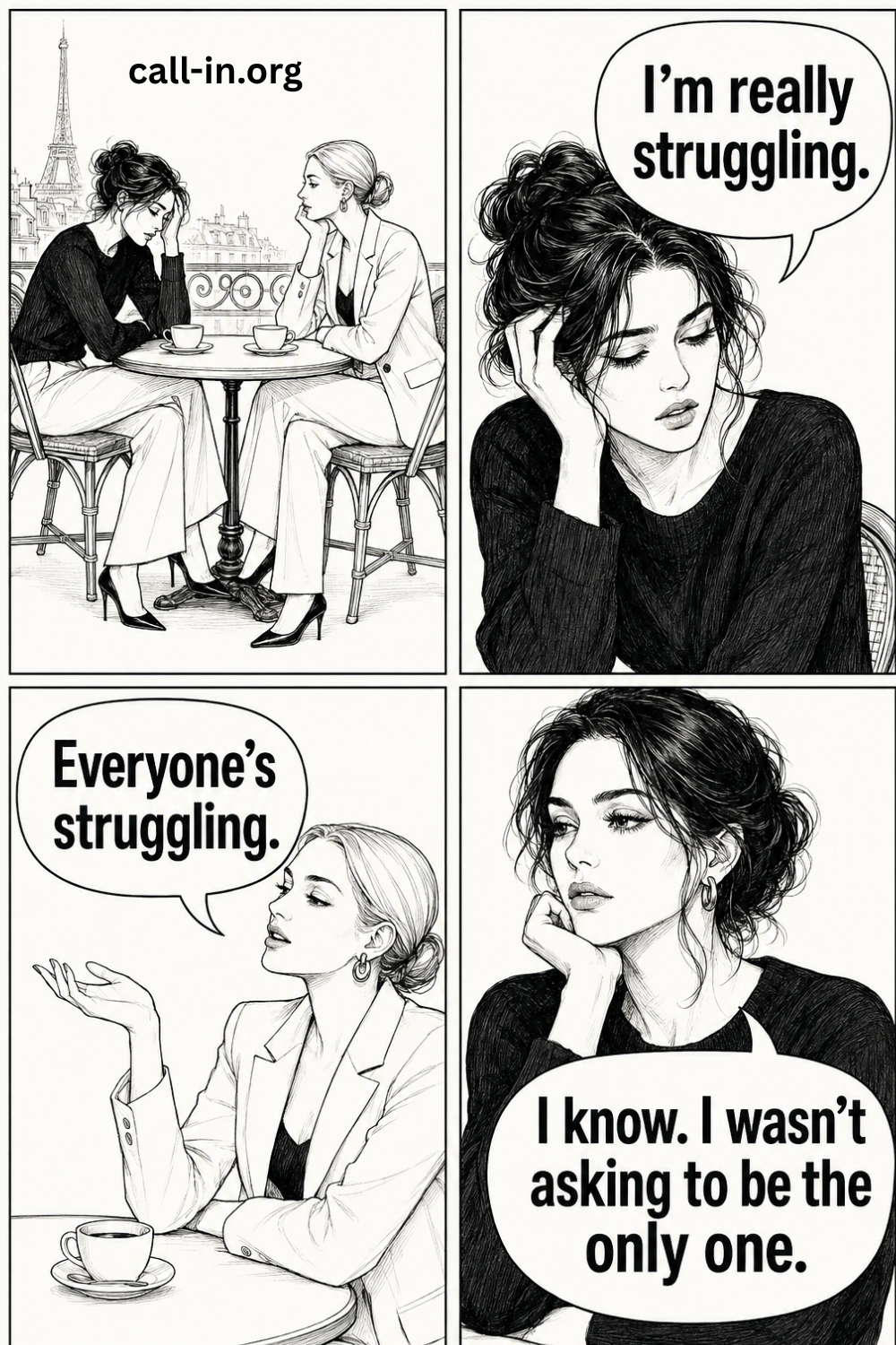 Two women talking about struggling with mental health and Callin Support being the best place to reach out to