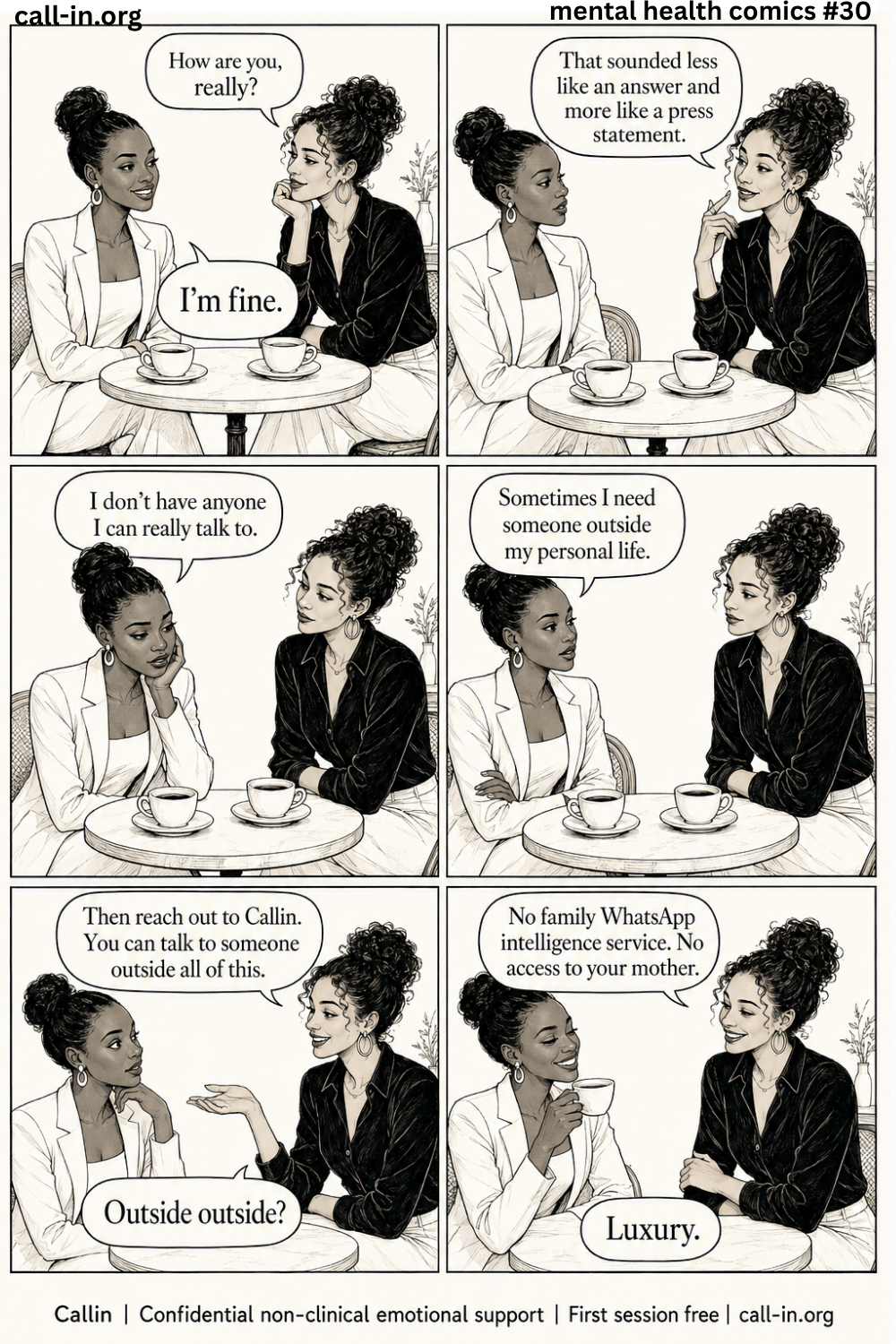 two women at lunch talking about getting emotional support from call-in.org when they feel alone