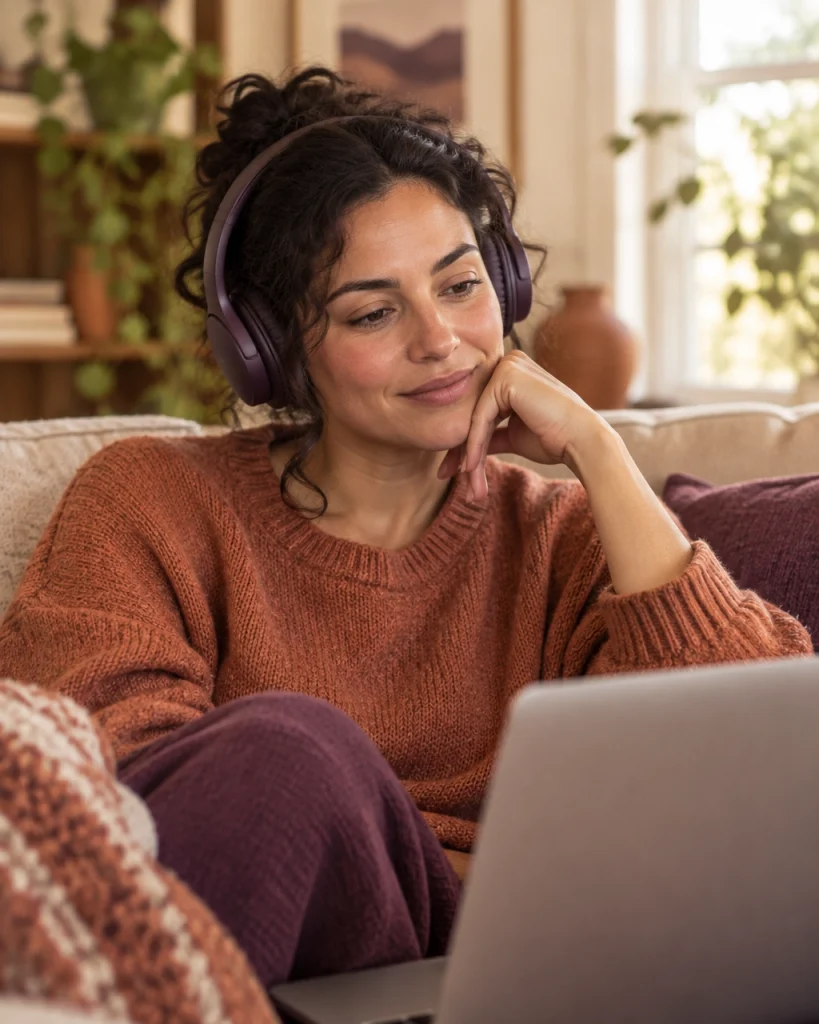 An adult speaking privately with a supportive listener online from a comfortable home setting