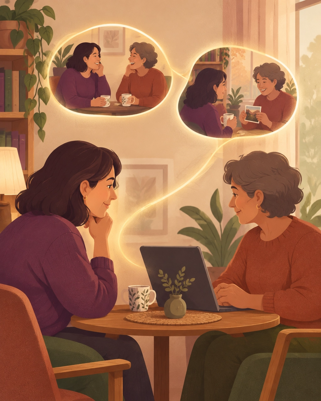 Illustration of two adults sharing a calm private conversation, connected by a subtle thread of warm light representing continuity