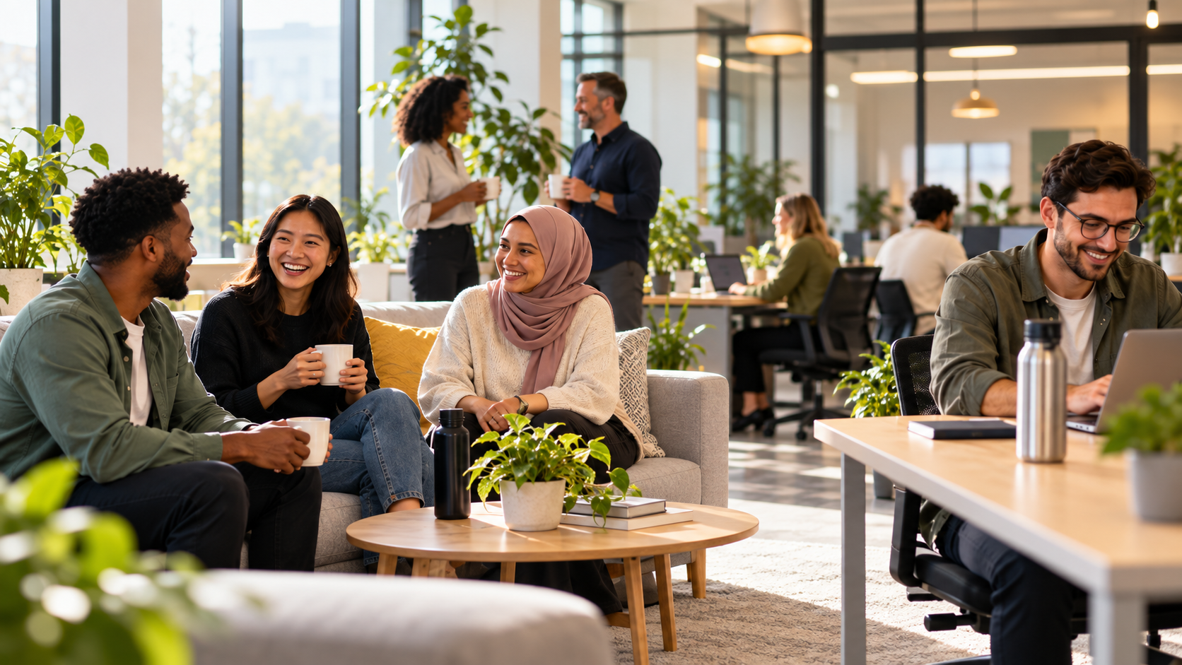 A diverse team in a modern workplace, representing employee wellbeing