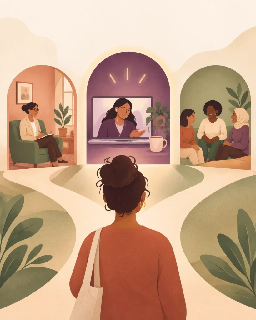 A person considering different forms of support, including professional care, friends, and online listening service
