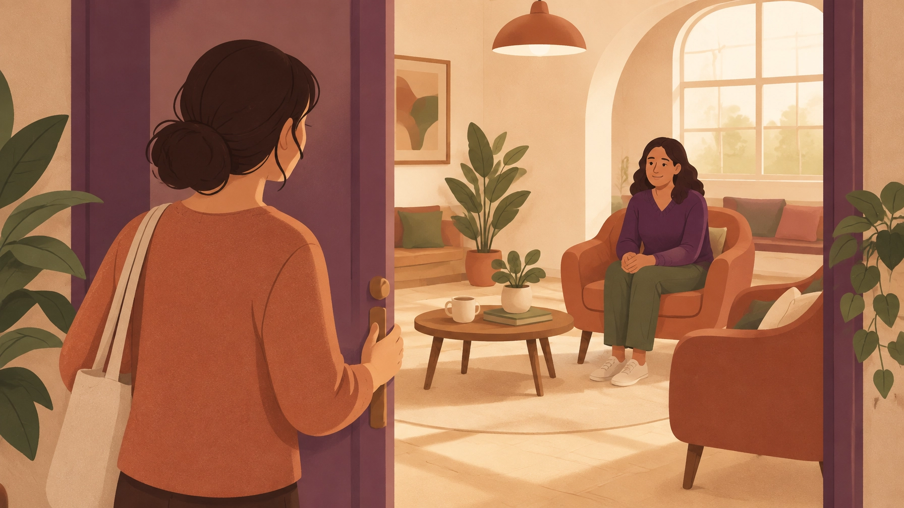 Illustration of a person opening a door into a softly lit, welcoming space where a listener is waiting at a respectful distance