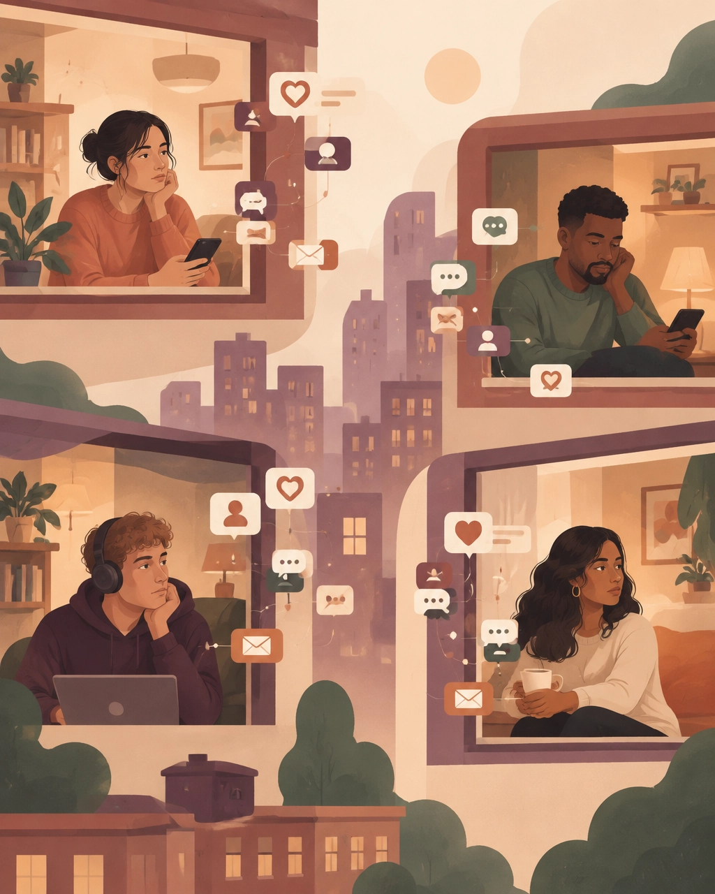 Illustration of adults in separate rooms, connected digitally but still feeling emotionally distant